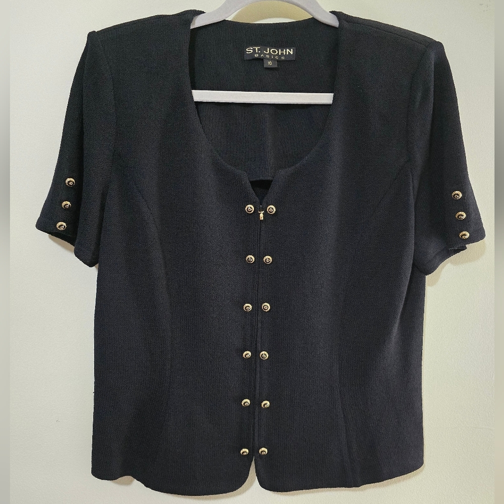 St. John Black Knit Short Sleeve Top with Gold Button Details Women's Size 10